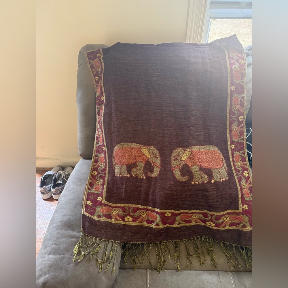 Elephant Patterned Scarf with Fringe
